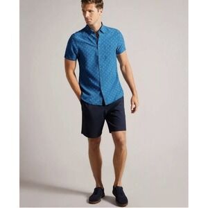 Ted Baker London Floral Geo Shirt Size 6 - XXL Blue White SS Button Cuff Pocket‎